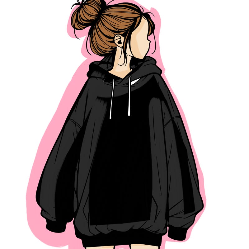 realistic girl with a oversized sweatshirt on and a bun