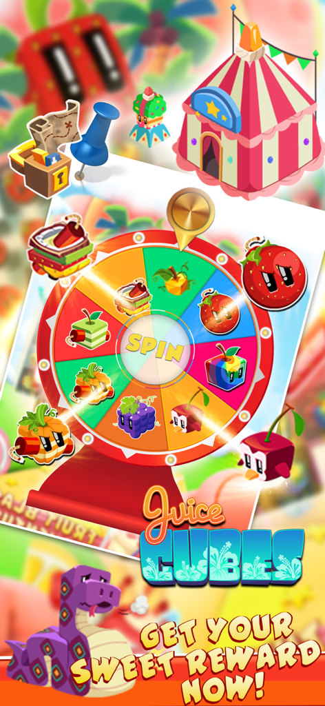 A colorful daily reward spin wheel in the Juice Cubes match 3 game