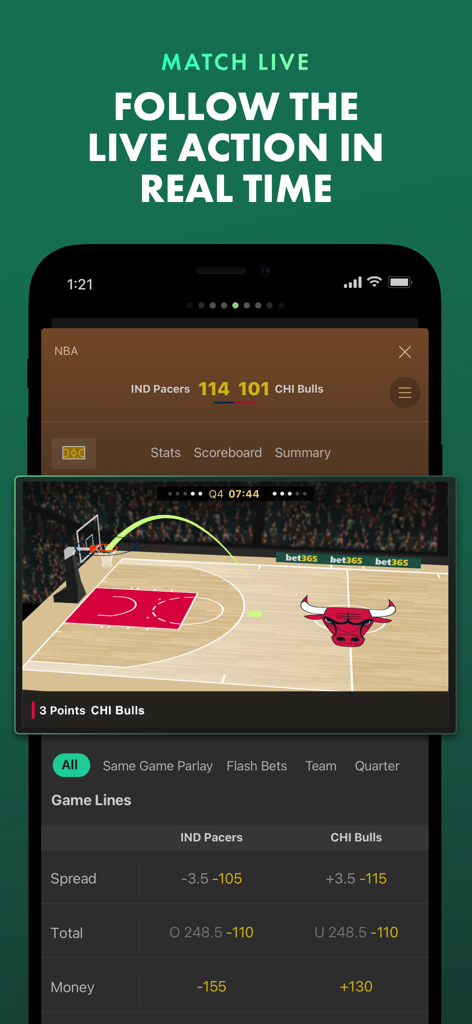 bet365 - Sportsbook & Casino - A mobile interface of the bet365 app showing a live NBA match tracker with real-time score and betting odds.