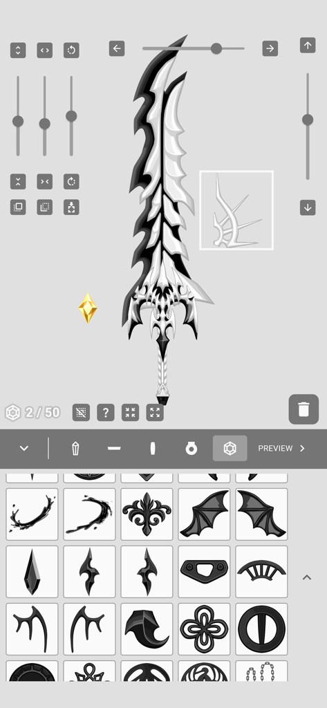 sword maker : Weapon Avatar - App screen showing a fantasy sword being customized with skeletal and bladed parts