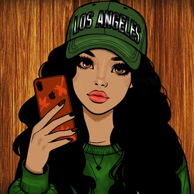 realistic beautiful girl wearing los ángeles cap holding an iphone