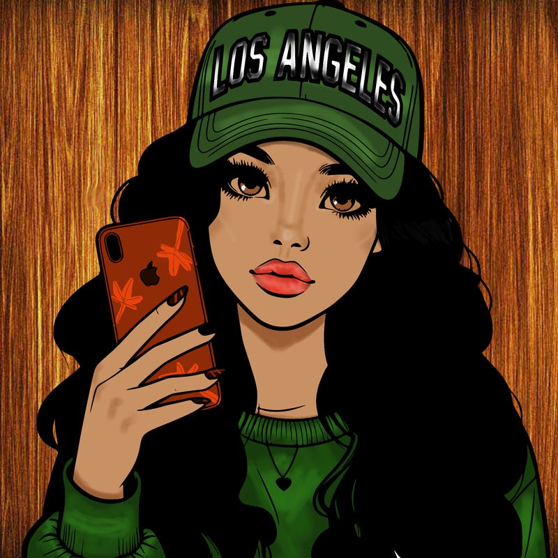realistic beautiful girl wearing los ángeles cap holding an iphone