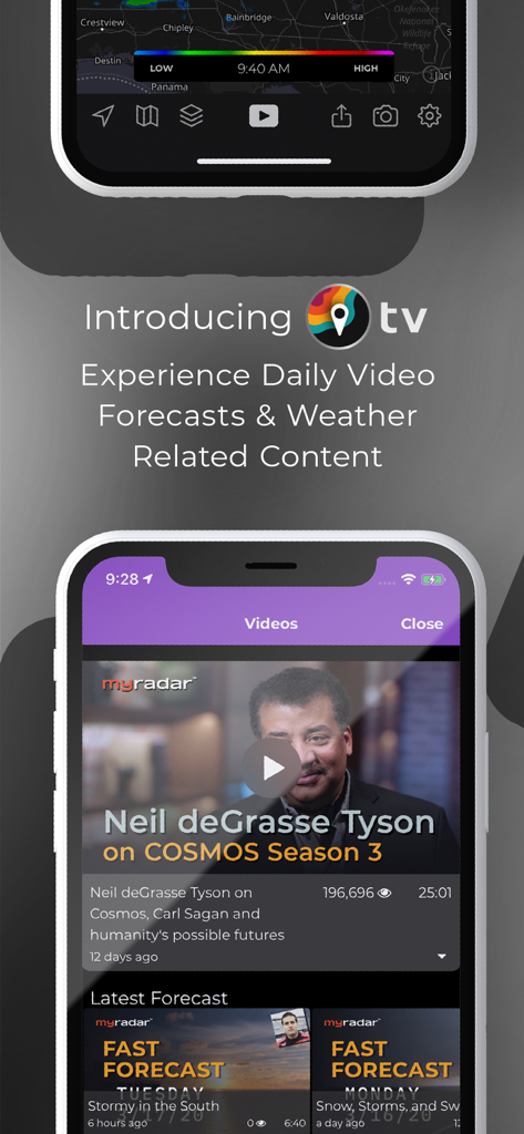 Captura de pantalla de la función MyRadar TV mostrando videos de pronósticos y contenido científico en la interfaz de una aplicación móvil.