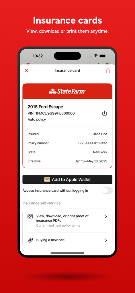 State Farm® - Digital auto insurance card displayed in the State Farm mobile app with an option to add to Apple Wallet