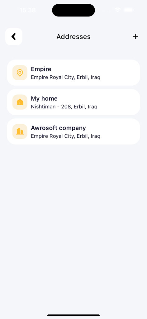 The saved addresses screen in the Mr.Taxi app listing frequent locations for quick taxi booking.