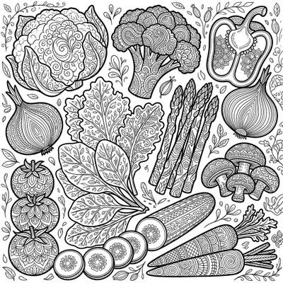 Dive into a bountiful harvest of intricately patterned vegetables and fresh salad components, perfect for a detailed coloring experience. This adult-focused design offers a peaceful escape, blending the beauty of nature with the calming practice of mindfulness coloring.