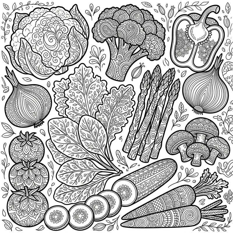Dive into a bountiful harvest of intricately patterned vegetables and fresh salad components, perfect for a detailed coloring experience. This adult-focused design offers a peaceful escape, blending the beauty of nature with the calming practice of mindfulness coloring.