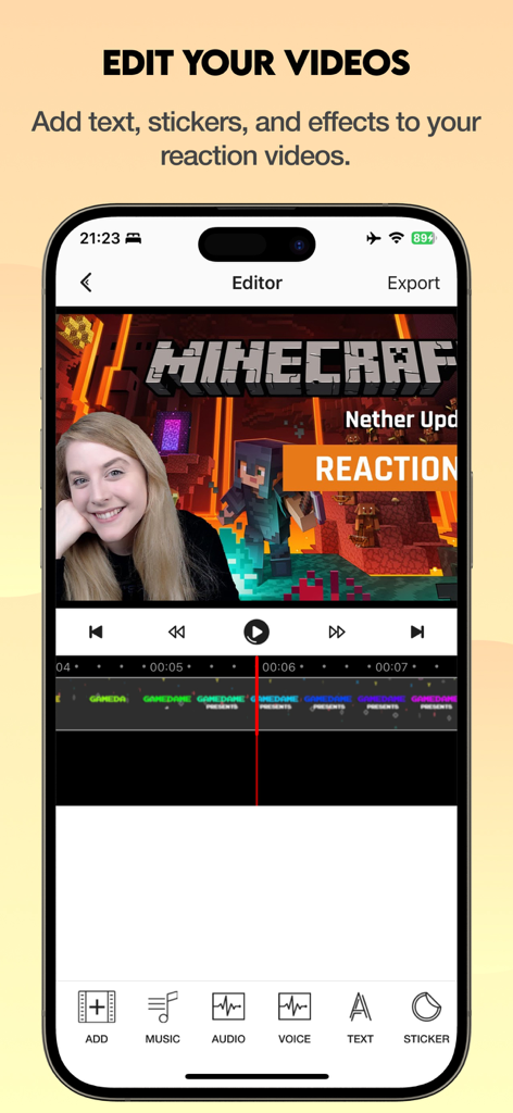Video Reaction Maker Face Edit - Mobile app editor interface showing a user reacting to a Minecraft video with editing tools like text and stickers