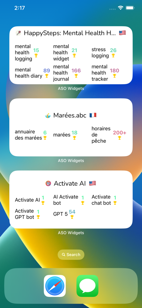 ASO Widgets: Keyword Tracker - iOSホーム画面ウィジェットに、複数のアプリと地域向けのキーワードランキングが表示されています