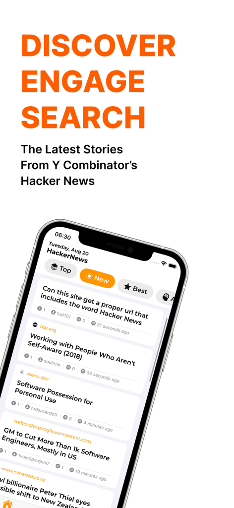 Hacker News mobile app showing a list of tech stories and news articles