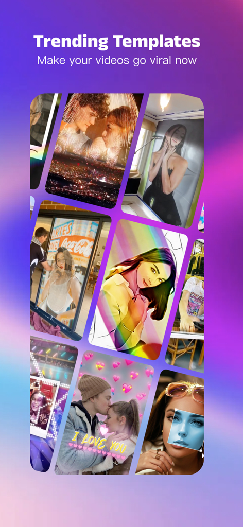 Une collection de modèles vidéo tendance dans l'application Tempo présentant des filtres d'art IA et des effets romantiques pour les réseaux sociaux