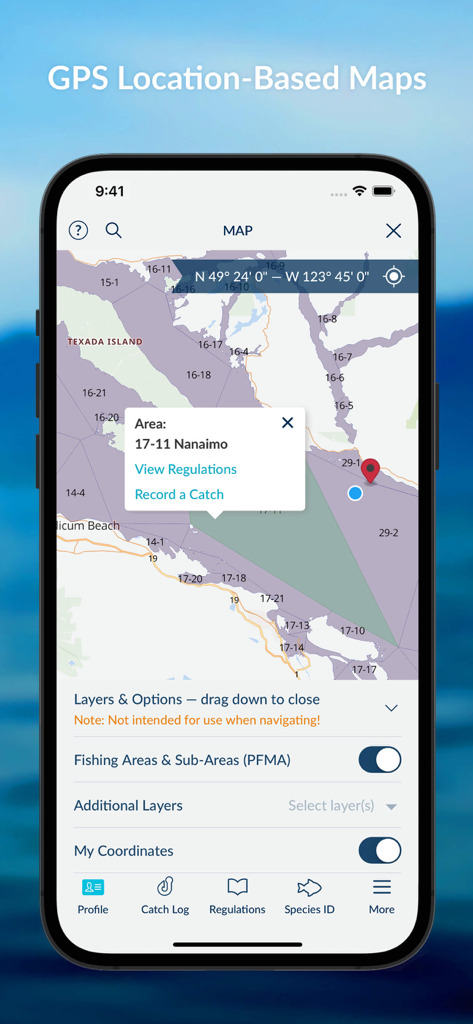 FishingBC - FishingBC app screen showing GPS location based maps with fishing area regulations and catch recording options