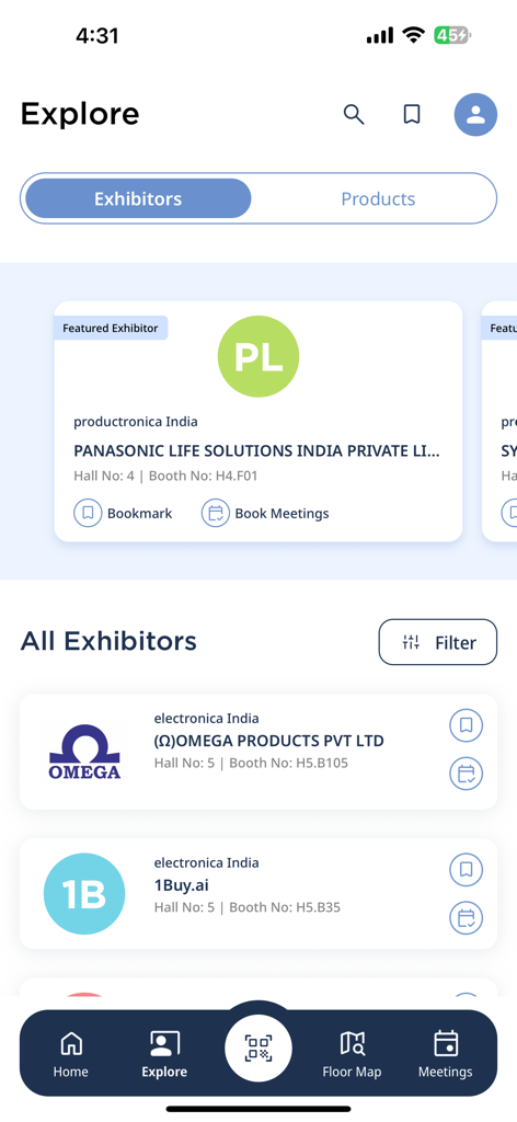 MMI One - Interface do aplicativo MMI One mostrando o diretório de expositores e os recursos de agendamento de reuniões