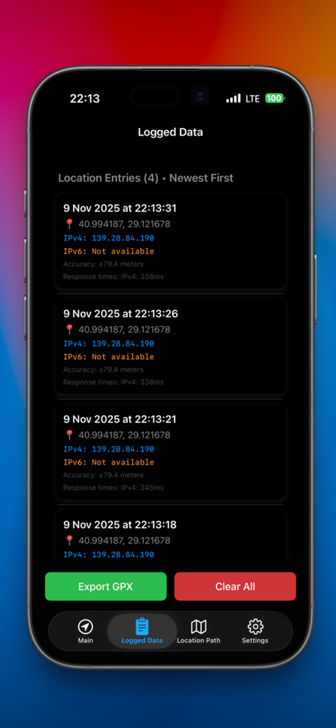 Net-Logger - Net-Logger app screen displaying a list of location entries with GPS coordinates and IPv4 addresses.