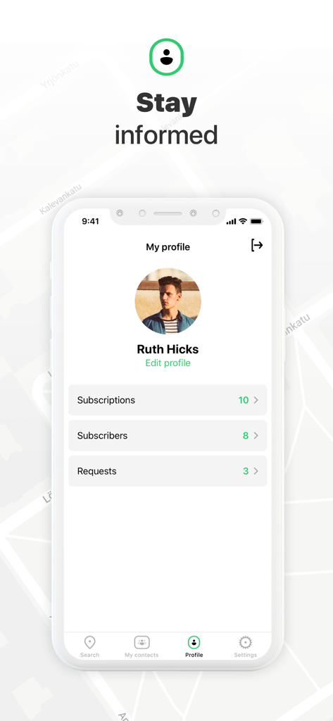 Tela de perfil do usuário do aplicativo Localizador de Amigos mostrando assinante e contagem de solicitações.