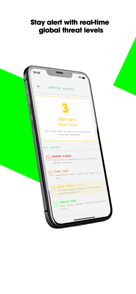 Smartphone display showing Newsnap app monitoring real time global threat levels and DEFCON status.