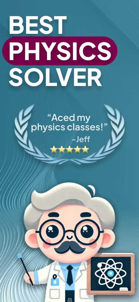 Physics Solver AI mobile app promotional screen with a five star user review
