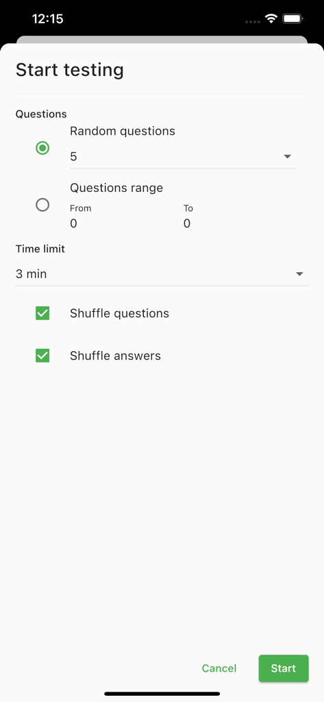 Assyst – testing and exams - Assyst app interface showing test setup options including question count time limit and shuffling