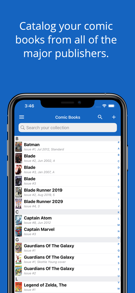 iCollect Comic Books - Keys - Interface do aplicativo iCollect Comic Books exibindo um catálogo digital de quadrinhos em um smartphone