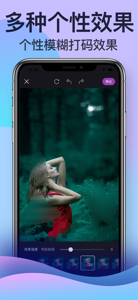 The Mosaic app interface displaying multiple artistic blurring and pixelation effects on a photo