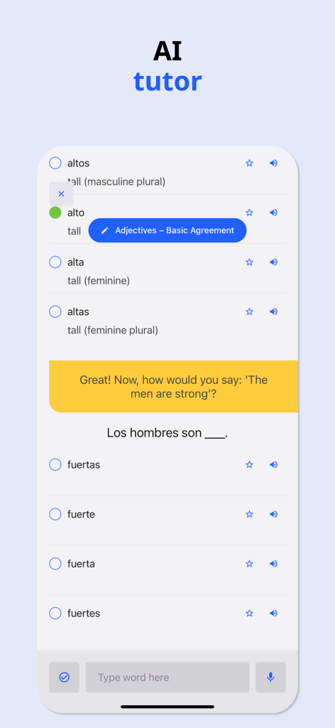 Language Pro - Language Pro AI tutor interface showing a Spanish grammar lesson on adjective agreement