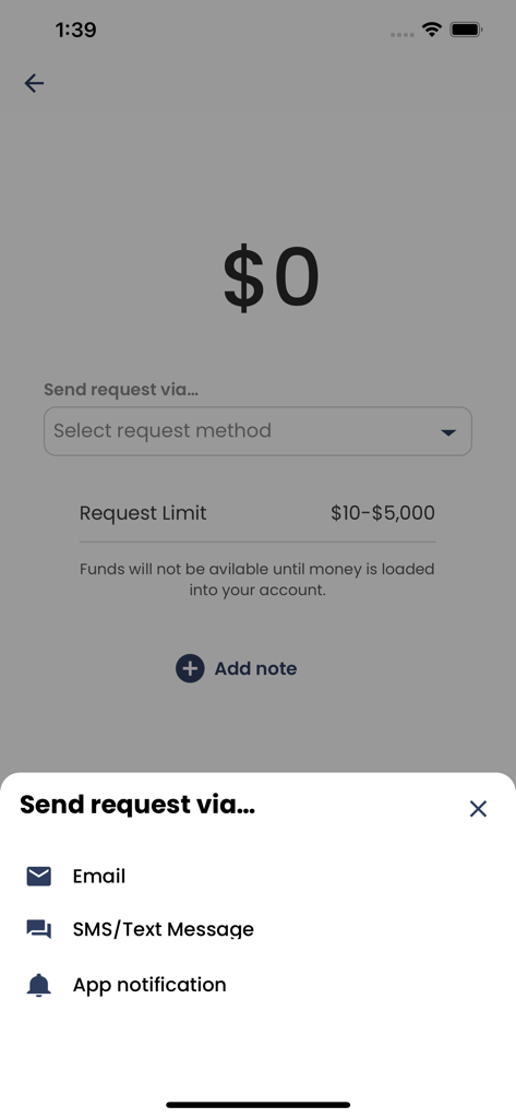 Navy Federal GO Prepaid app screen showing options to send a fund request via email, text message, or app notification.