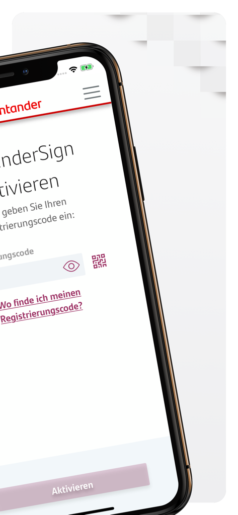 SantanderSign - Pantalla de activación de la aplicación SantanderSign que muestra el campo de entrada del código de registro en un smartphone