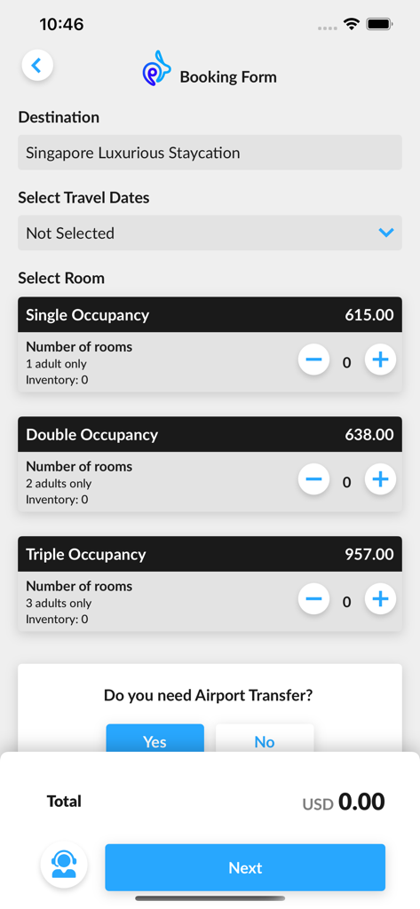 YOU2 - Buchungsformular-Bildschirm der YOU2 Reise-App mit Optionen für Zimmerbelegung und Preisen