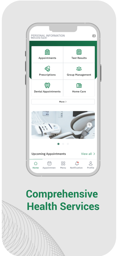 Écran d'accueil de l'application mobile Malafi affichant des services médicaux tels que les rendez-vous, les résultats d'examens et les ordonnances.