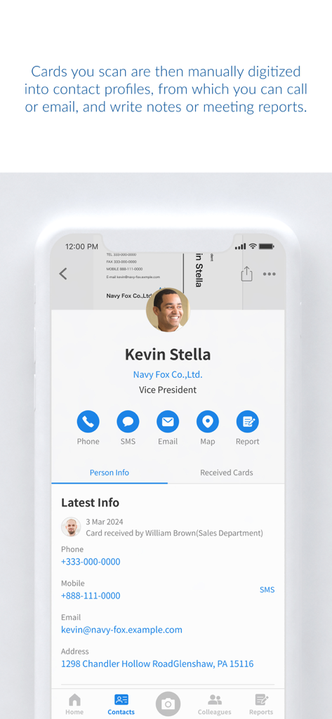Sansan - Sansan mobile app interface showing a digitized professional contact profile for Kevin Stella with quick action buttons for phone and email