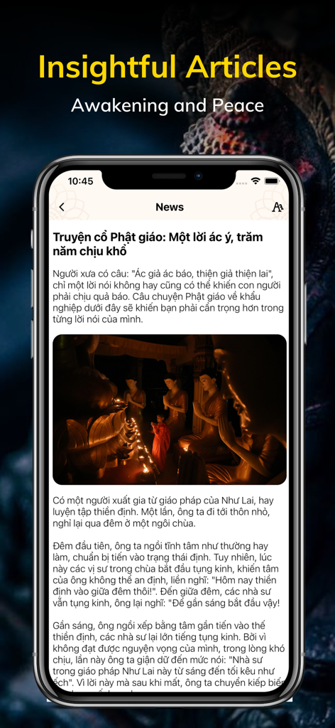 Om Mani – Global Buddhism - Mobile screen of the Om Mani app displaying insightful Buddhist articles and spiritual stories for awakening and peace.