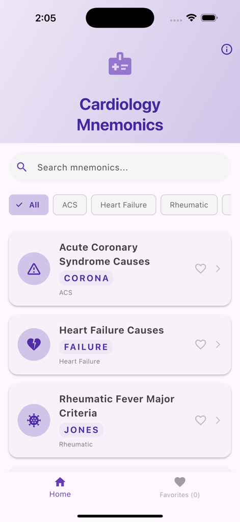 Cardiology Mnemonics - Home screen of the Cardiology Mnemonics app displaying a searchable list of medical study aids and categories
