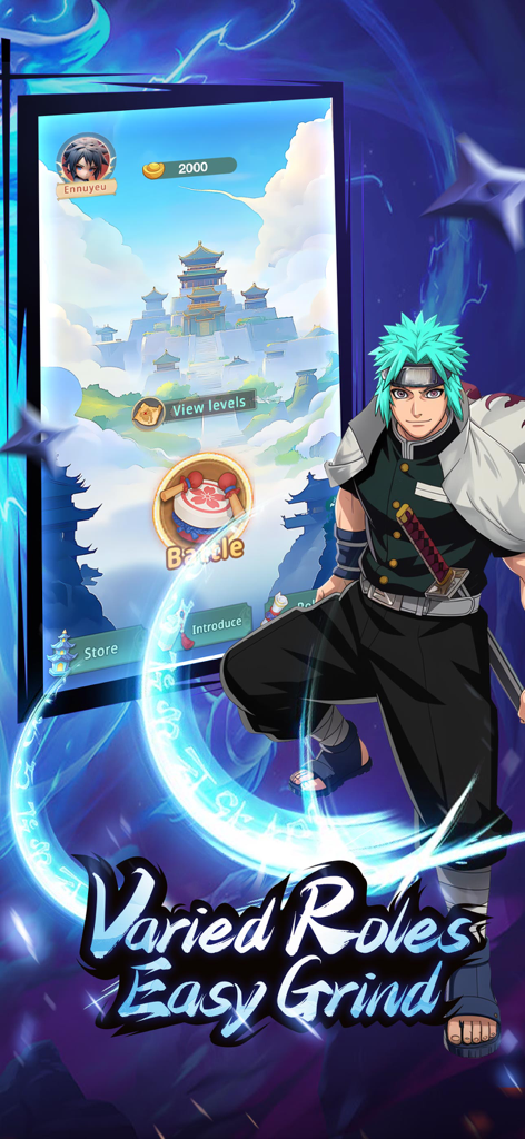 Shinobi Saga: Bloodbound - Anime ninja character next to a mobile screen displaying the Shinobi Saga Bloodbound game menu with Varied Roles Easy Grind text
