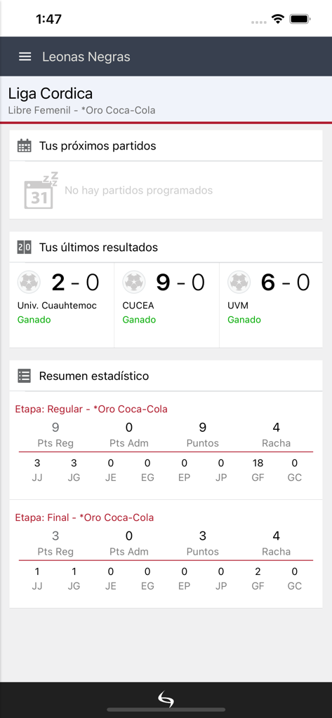 Cordica - Cordica mobile app dashboard showing amateur soccer team match results and league statistics