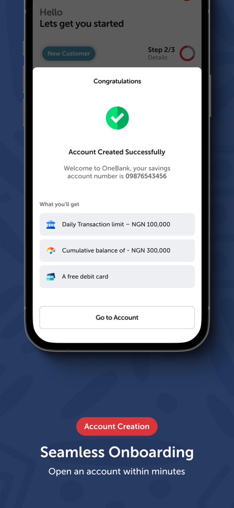 Confirmation screen for successful account creation on Sterling OneBank app