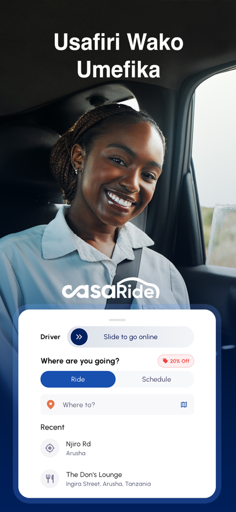 SasaRide app interface showing ride request options and recent locations in Arusha Tanzania