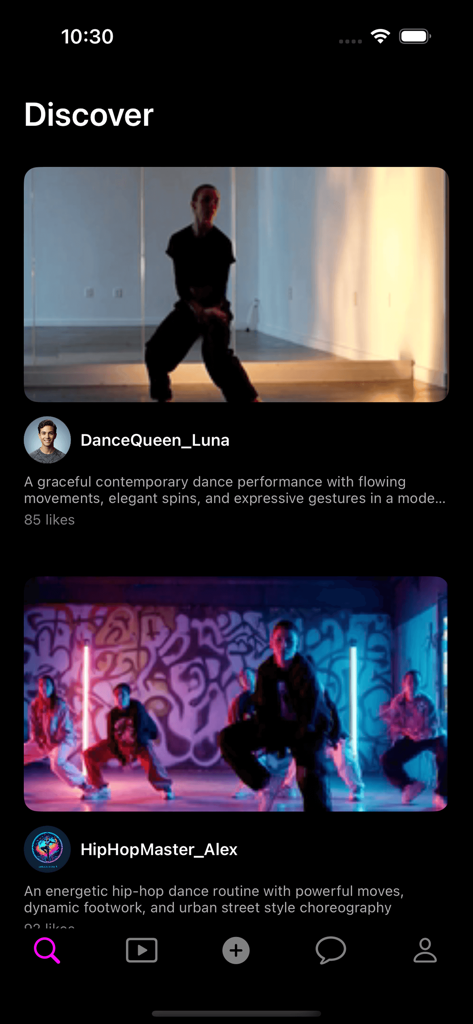 Voola - Feed de descubrimiento en la aplicación Voola mostrando videos de danza contemporánea y hip-hop de creadores de la comunidad.