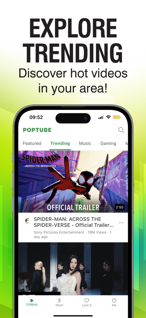 POPTube: Music & Video Podcast - Interfaz de la aplicación móvil POPTube que muestra contenido de video de tendencia y avances de música.