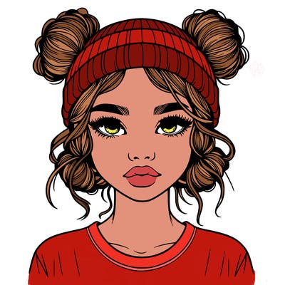 realistic girl with buns in her hair with a beanie on