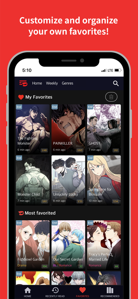 Toomics Mobile App, die den Bereich "Favoriten" des Benutzers mit verschiedenen Webtoon-Covern und Kategorien zeigt.