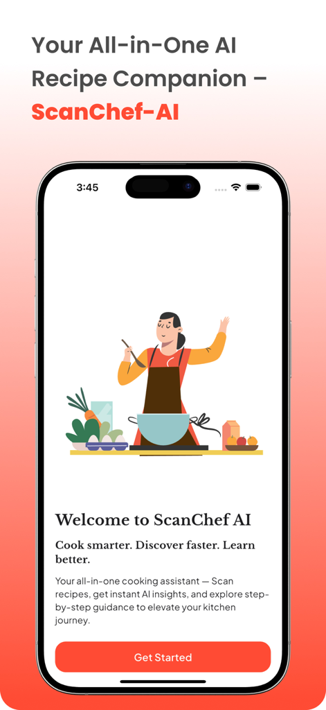 ScanChef: Snap & Cook With AI - Onboarding screen for ScanChef AI recipe companion app showing a cooking illustration and a get started button
