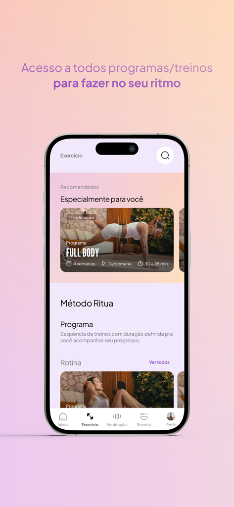 Ritua - The exercise screen of the Ritua app showing recommended full body home workouts for women.
