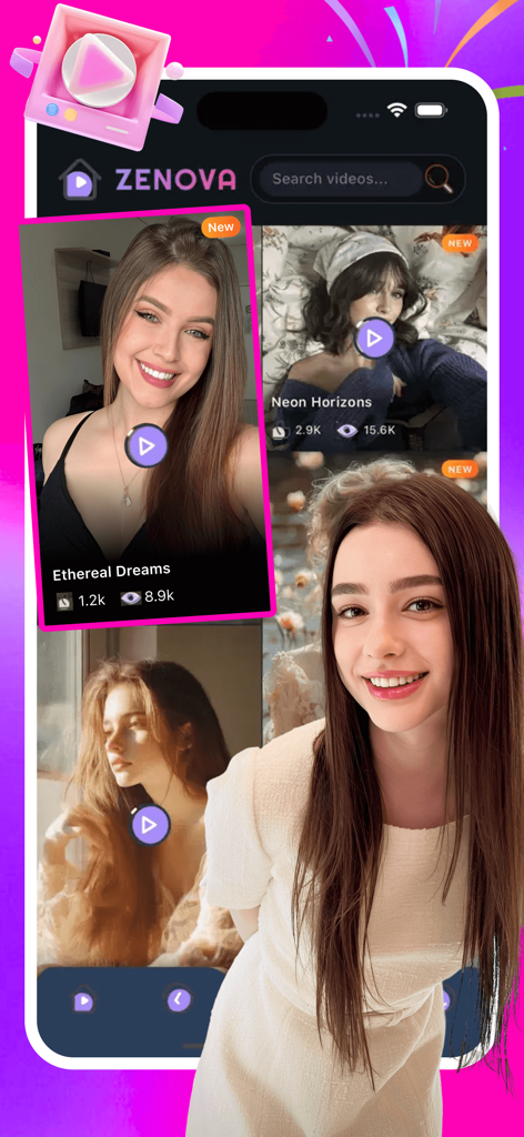 Zeno - motion - Zeno motion app interface displaying a feed of high quality AI generated videos and cinematic effects for social media creators.