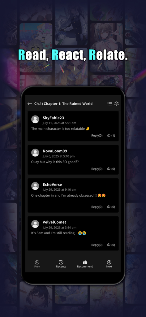 Novelpia - Unlimited Webnovels - Smartphone display showing community comments on a Novelpia webnovel chapter with the slogan Read React Relate