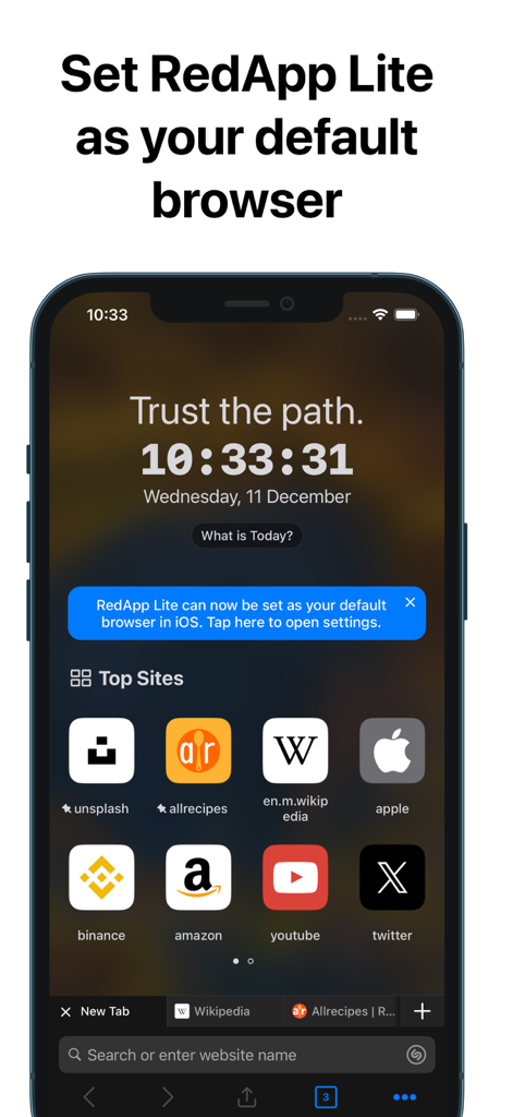 RedApp Lite: Private Browser - RedApp Lite home screen showing top sites shortcuts and a prompt to set it as the default iOS browser