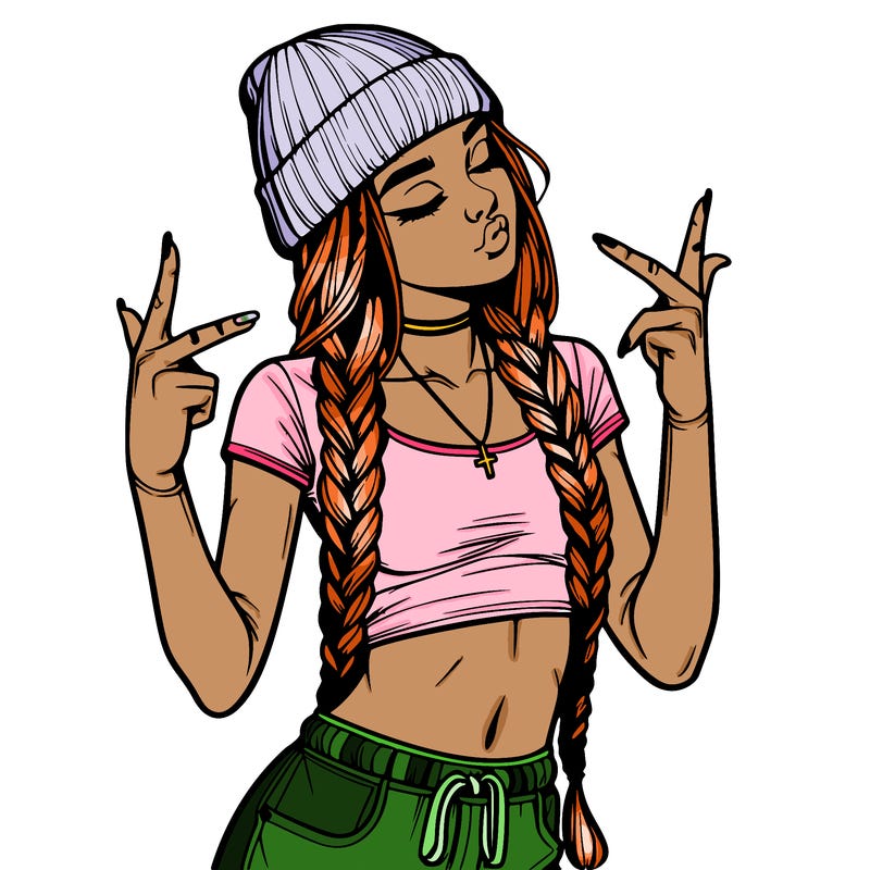 realistic teenage girl with braids and a beanie and crop top doing 🫶🏼