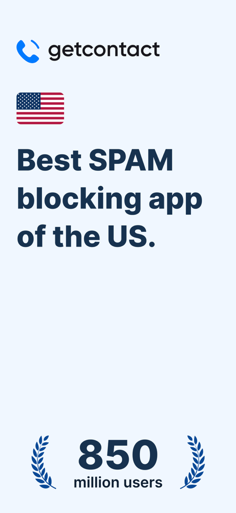 Tela promocional do Getcontact mostrando-o como um dos principais aplicativos de bloqueio de spam nos EUA, com 850 milhões de usuários