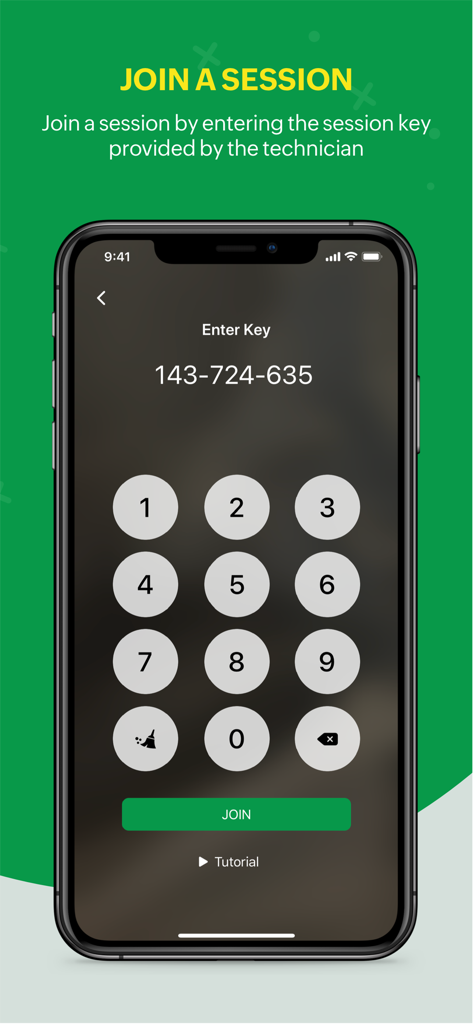 Zoho Lens - Zoho Lensモバイルアプリ画面、セッションキーを入力してリモートアシスタンスセッションに参加するための数字キーパッドを表示