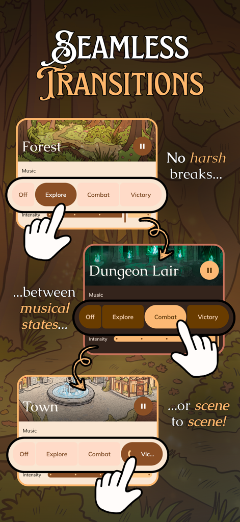 Pocket Bard - Pocket Bard app interface demonstrating seamless transitions between RPG music states like exploration and combat across different scenes.