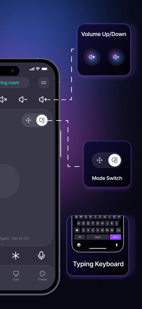 Aplicación Control Remoto Universal para TV que muestra el modo de control de volumen y las funciones del teclado de escritura en iPhone